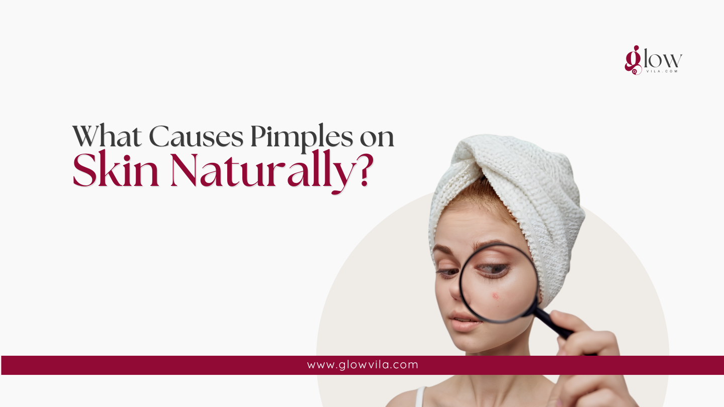 Woman examining a facial pimple with a magnifying glass, representing natural causes of pimples