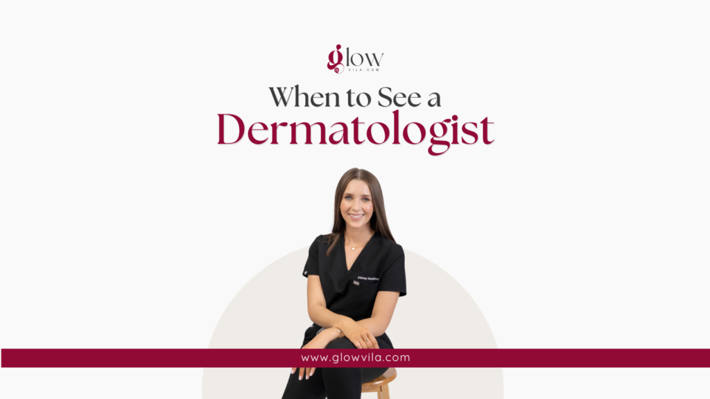 Smiling female dermatologist in scrubs representing when to see a doctor for persistent pimples