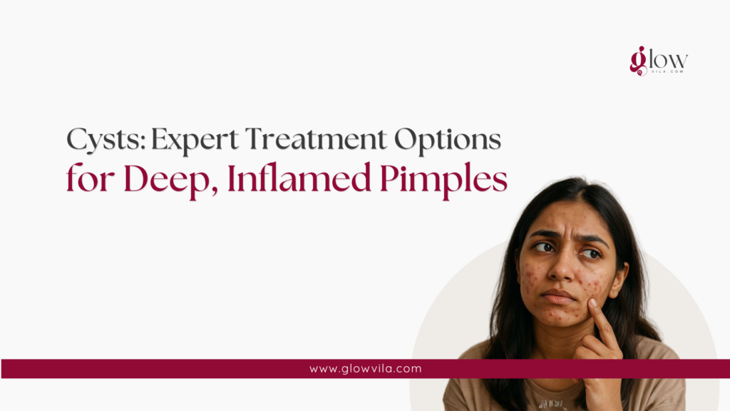 Woman with deep cystic acne on her cheek, expert treatment options for cysts