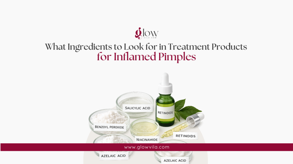 Skincare ingredients for inflamed pimples, including salicylic acid, benzoyl peroxide, retinoids, niacinamide, and azelaic acid