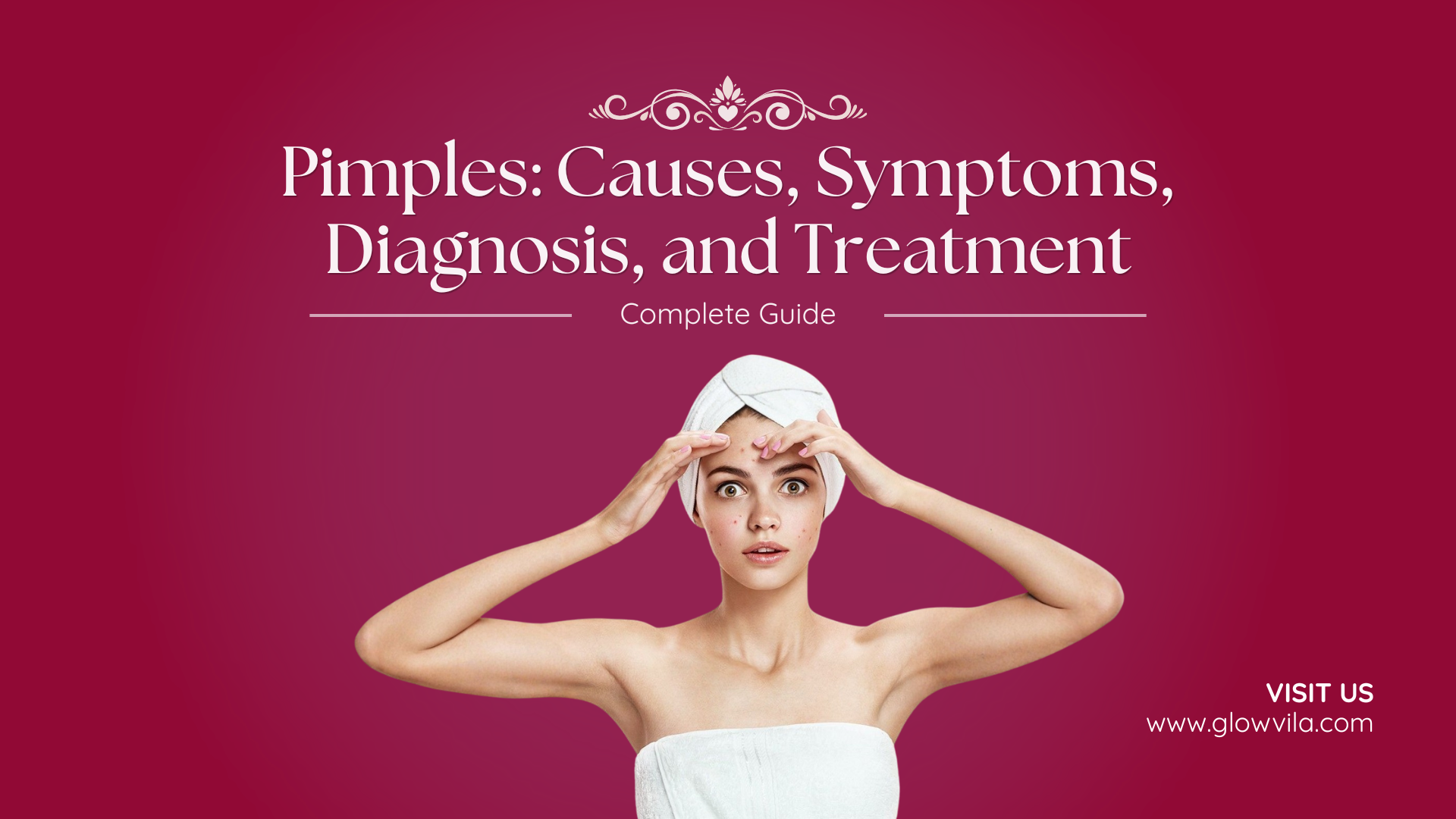 Young woman examining forehead pimples in a hand mirror, complete guide to pimple causes and treatment