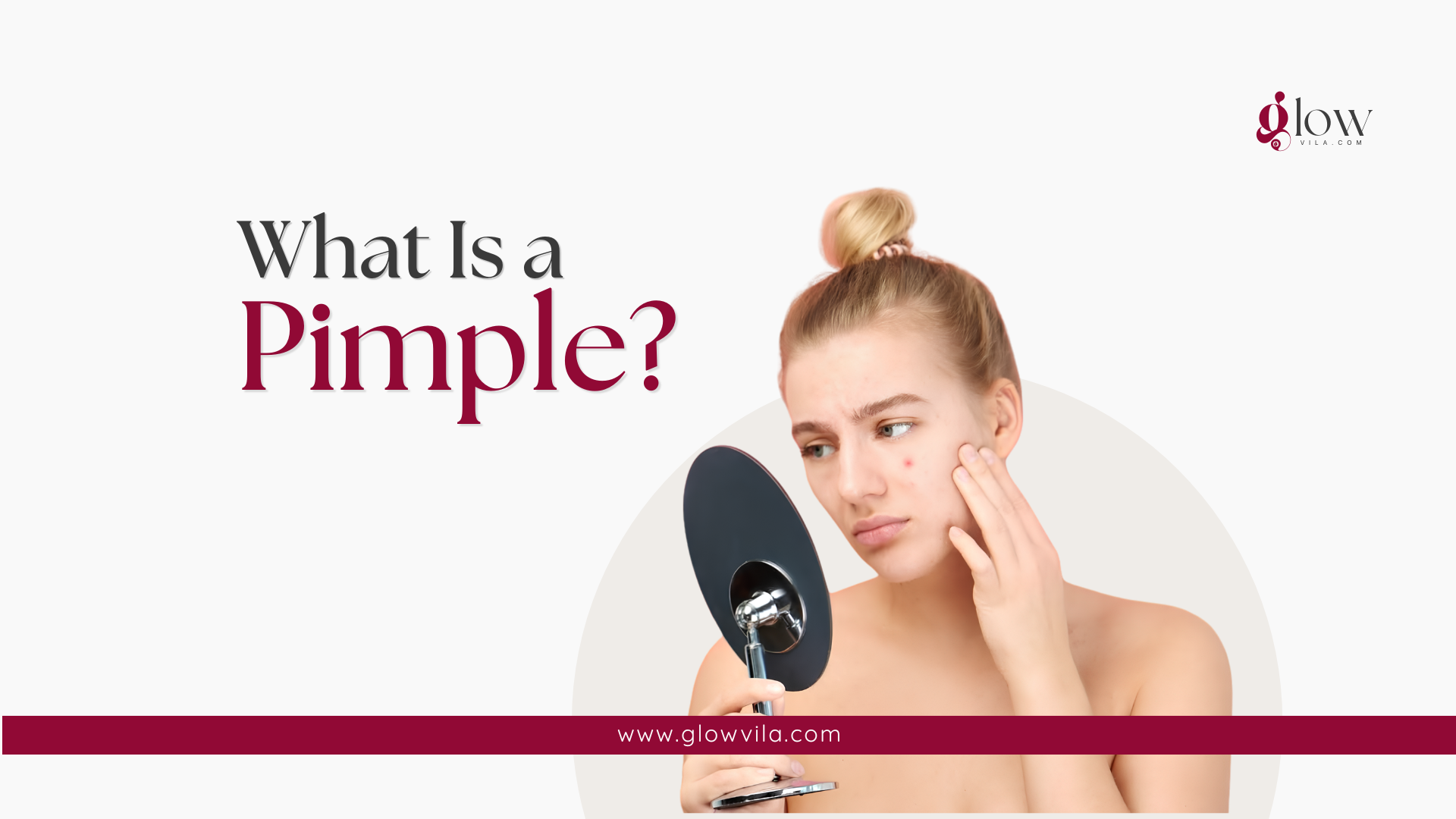 Woman inspecting a facial pimple with a hand mirror to understand what a pimple is
