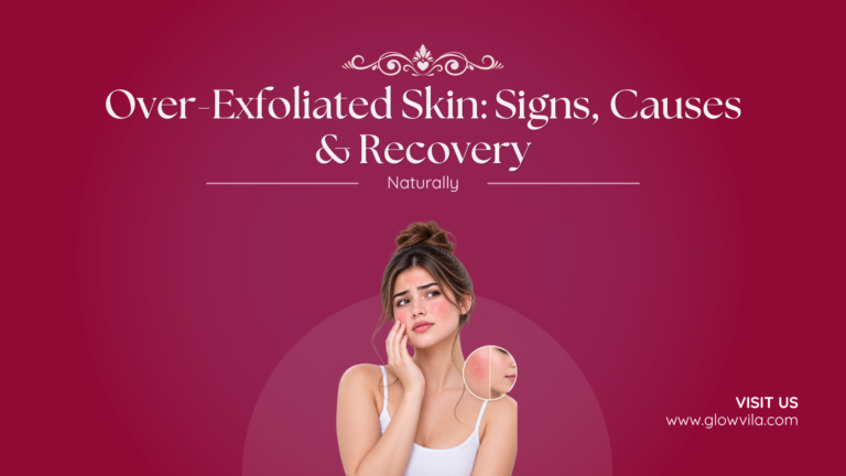 Woman with irritated, over-exfoliated skin touching her cheek, guide to signs, causes, and recovery