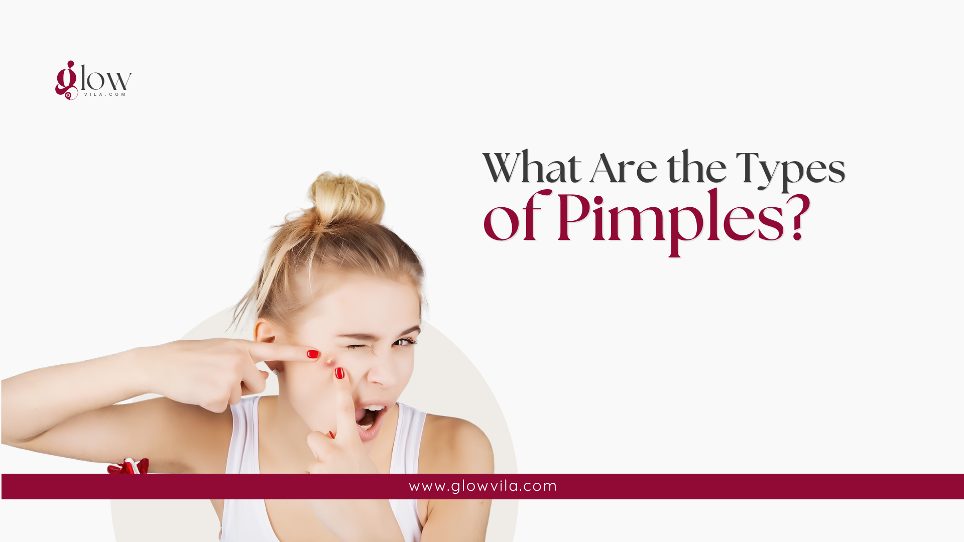 Woman pointing to a pimple on her cheek illustrating the different types of pimples