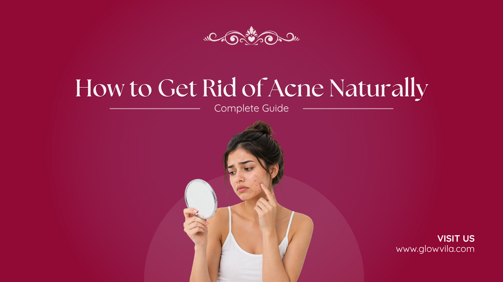 Young woman examining a pimple in a hand mirror, complete guide to getting rid of acne naturally