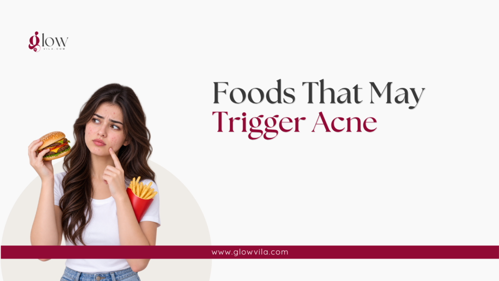 Woman holding a burger and fries illustrating foods that may trigger acne