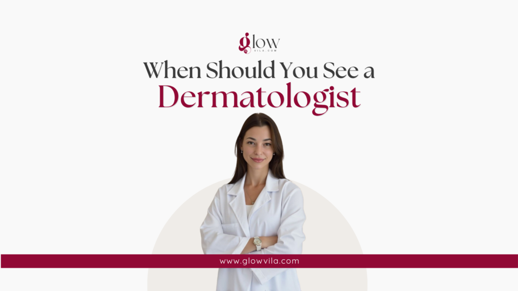 Smiling female dermatologist in a white coat, guidance on when to see a doctor for acne