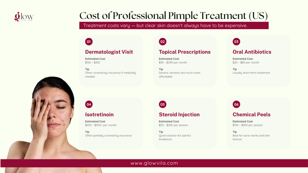 Infographic of estimated US costs for dermatologist visits, prescriptions, isotretinoin, steroid injections, and chemical peels
