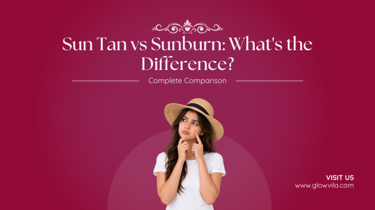 Woman in a sun hat touching her cheek, complete guide comparing sun tan vs sunburn