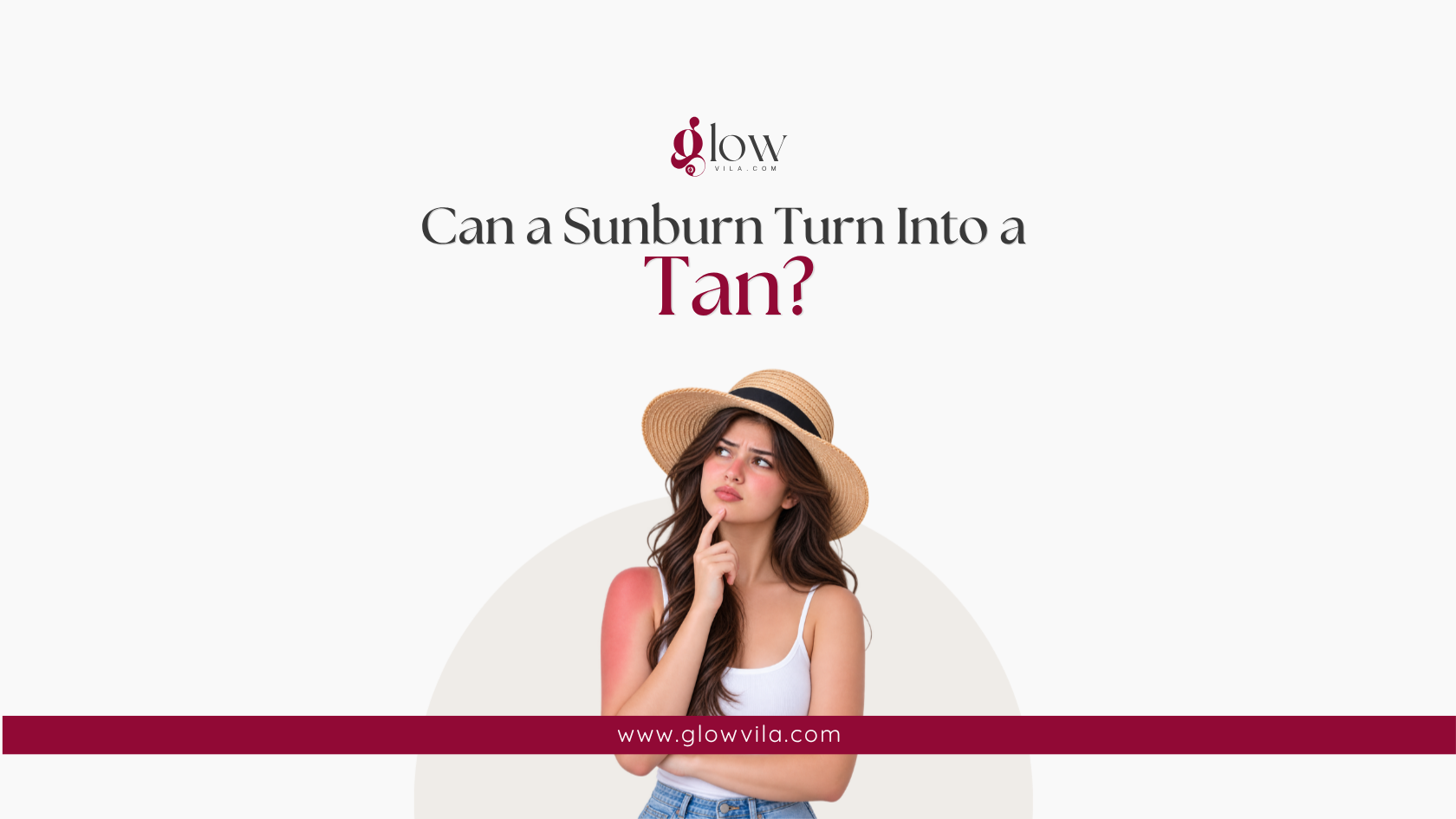 Woman with a sunburned arm looking thoughtful, illustrating whether a sunburn can turn into a tan