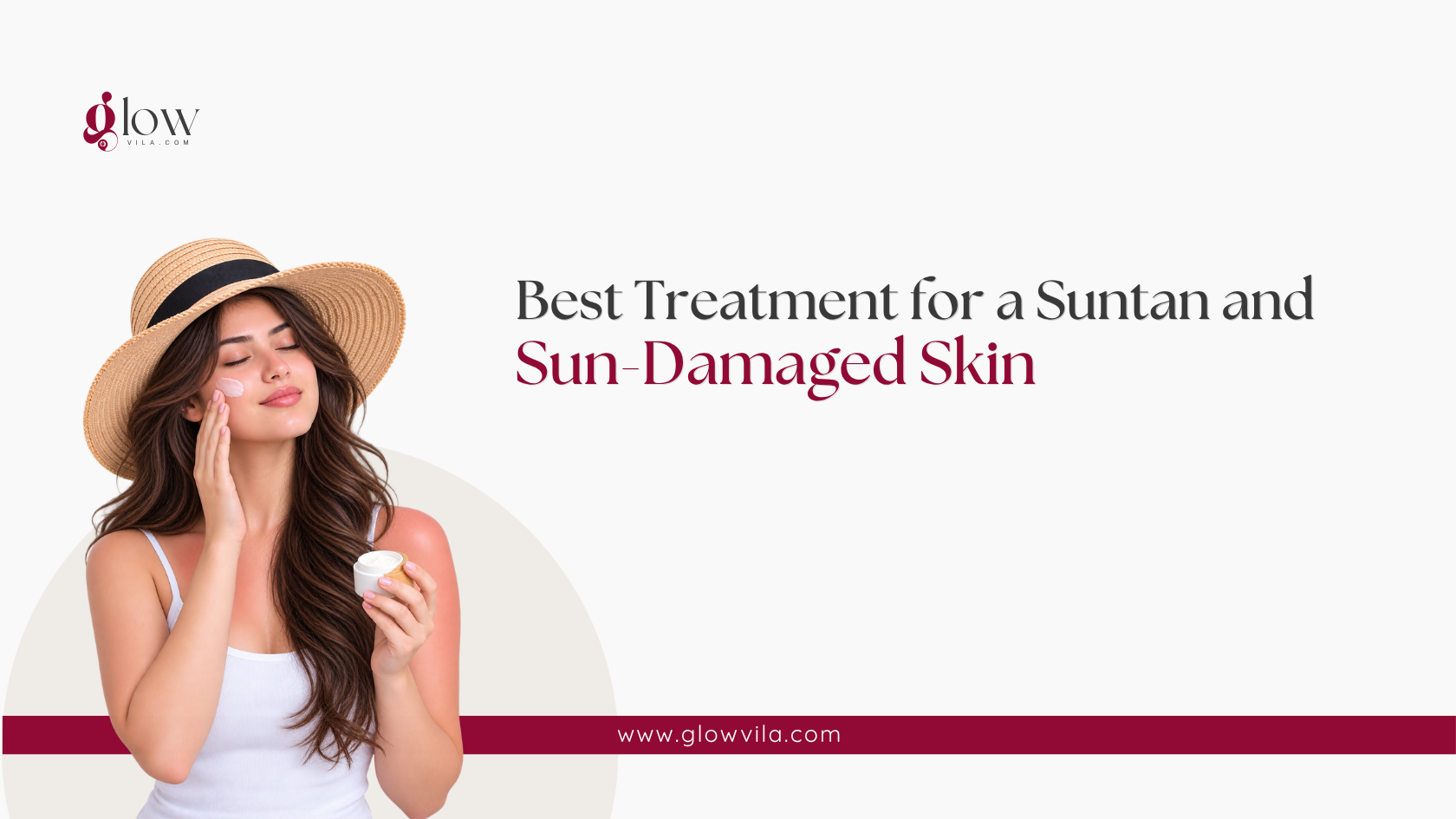 Woman applying cream to her sun-exposed shoulder, best treatment for suntan and sun-damaged skin