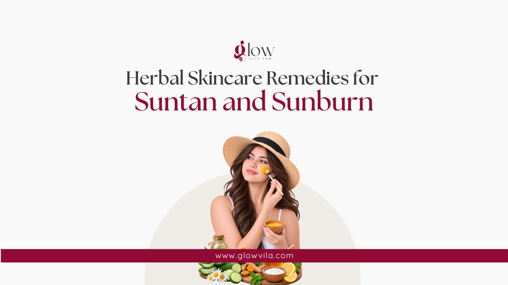 Woman applying a turmeric face mask surrounded by cucumber, lemon, and chamomile, herbal remedies for suntan and sunburn