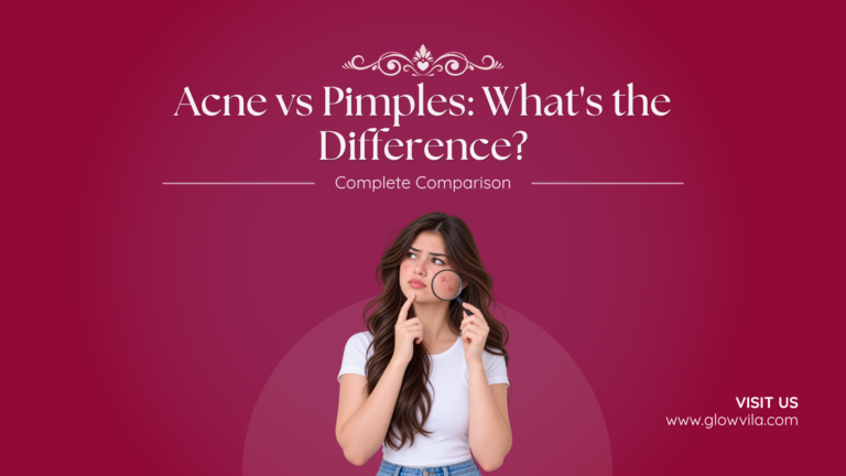 Woman examining a pimple on her cheek with a magnifying glass, complete comparison of acne vs pimples