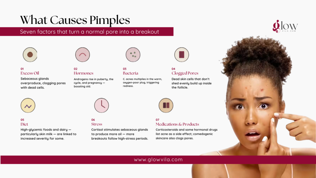 Infographic of 7 pimple causes: excess oil, hormones, bacteria, clogged pores, diet, stress, medications