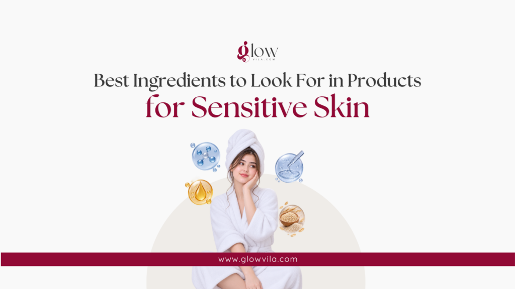 Woman surrounded by icons of hydrating skincare ingredients, best ingredients to look for in sensitive skin products