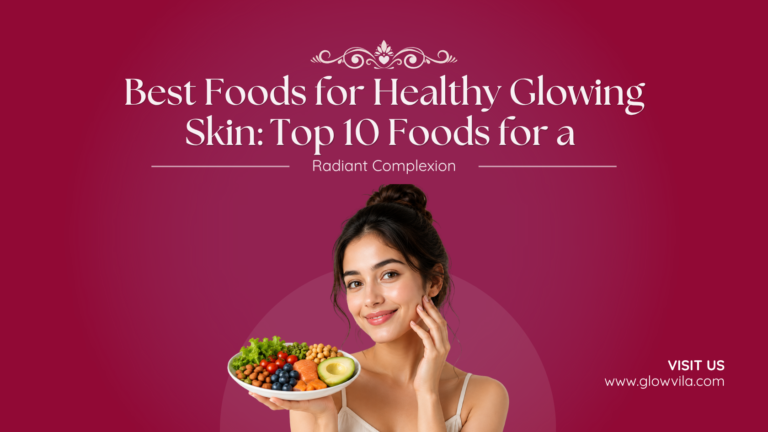 Woman holding a colorful bowl of foods for healthy glowing skin, including salmon, avocado, and vegetables