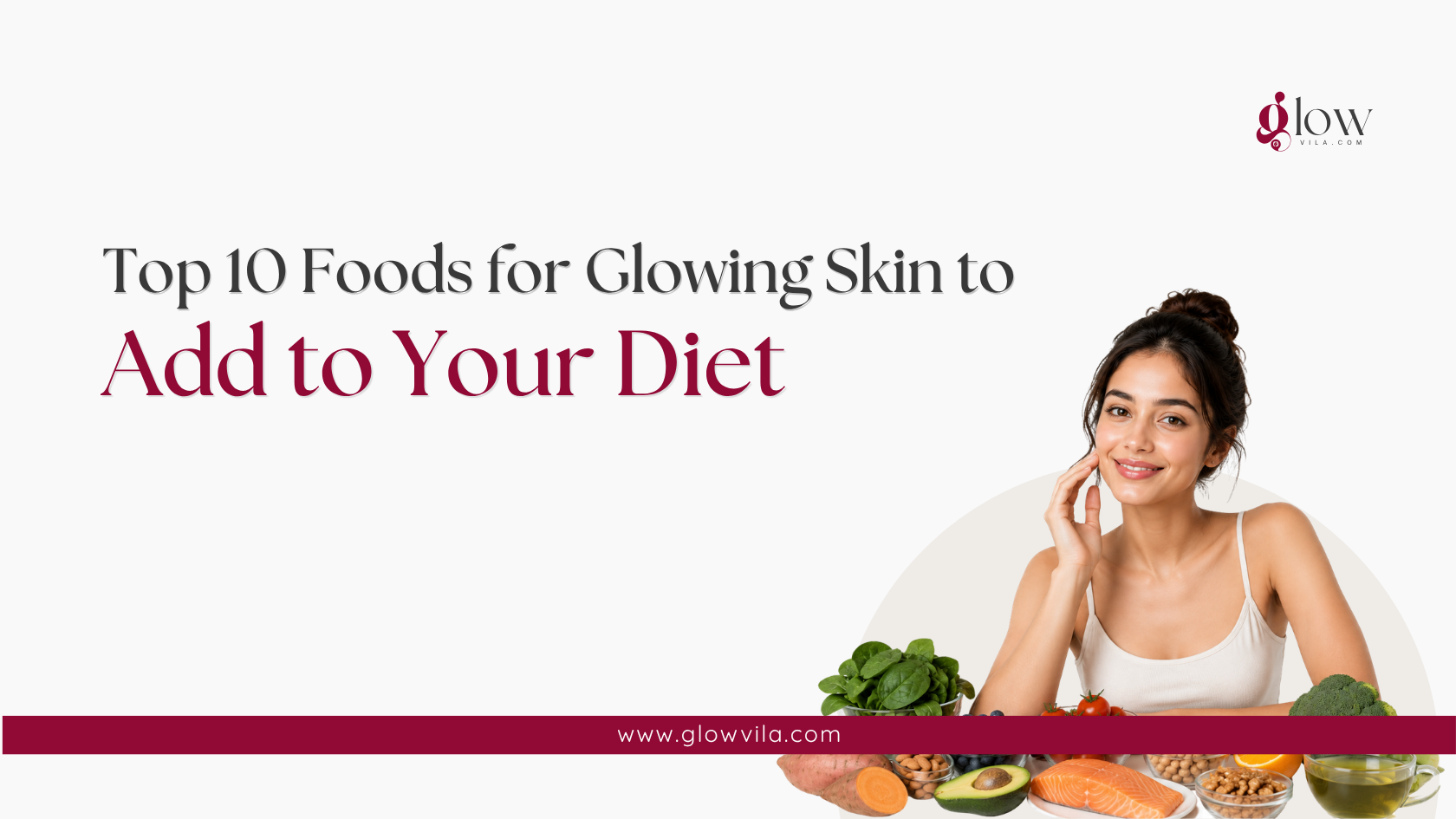 Woman surrounded by spinach, salmon, avocado, and other foods for healthy glowing skin