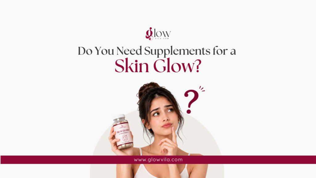 Woman holding a supplement bottle with a thoughtful expression, illustrating whether supplements are needed for a skin glow