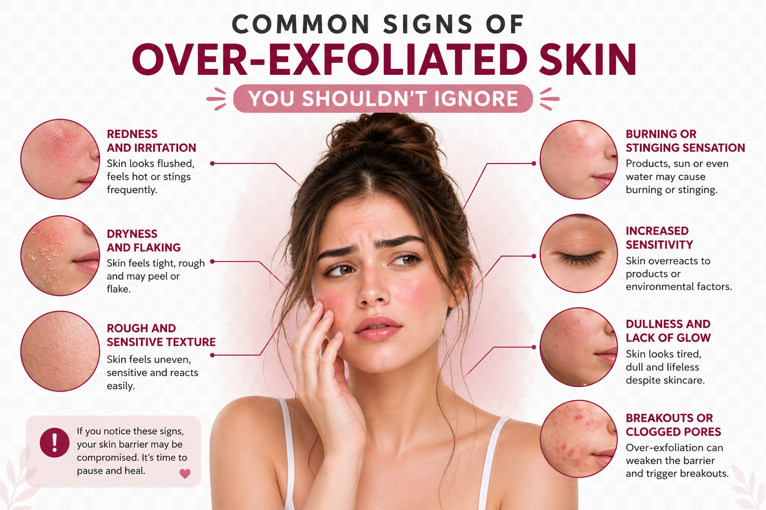 Infographic of 8 common signs of over-exfoliated skin, including redness, dryness, and breakouts