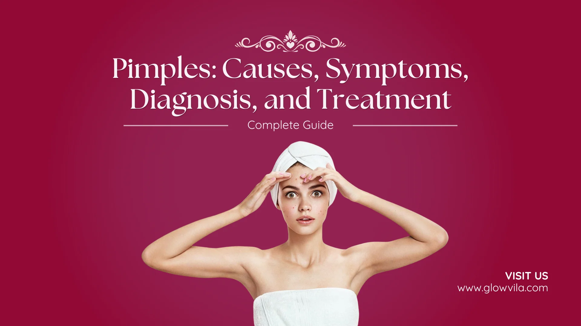 Young woman examining forehead pimples in a hand mirror, complete guide to pimple causes and treatment