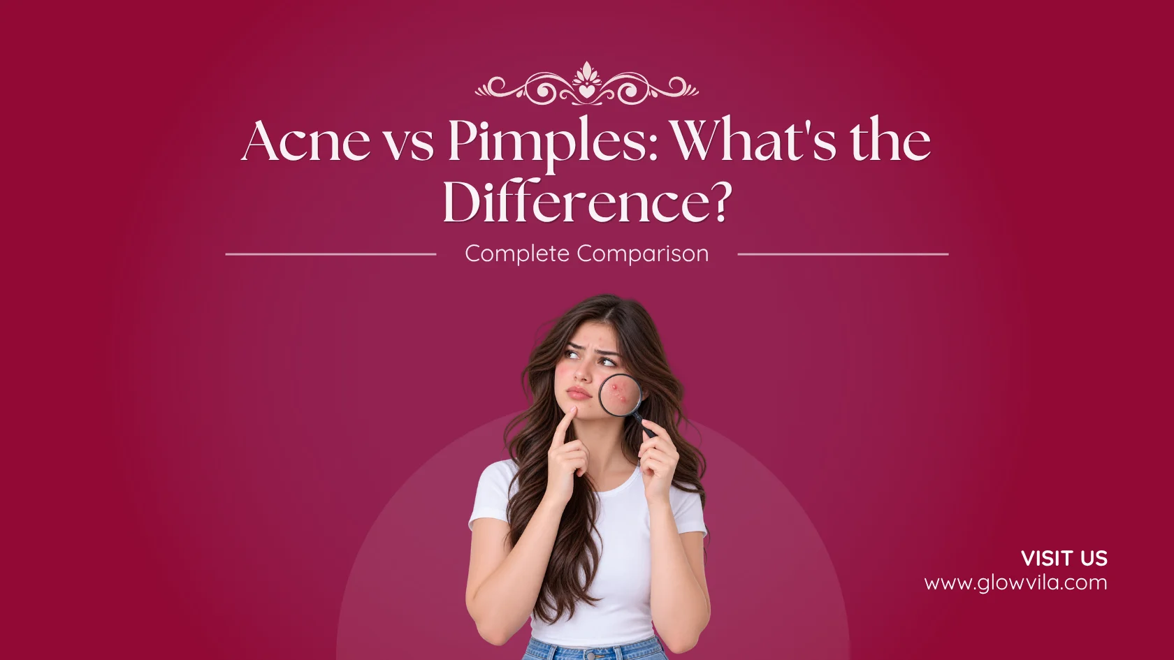 Woman examining a pimple on her cheek with a magnifying glass, complete comparison of acne vs pimples